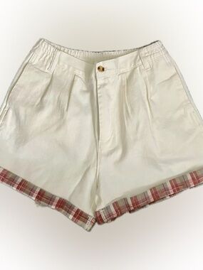 Easel Cream Twill High-Rise Shorts with Plaid Hem